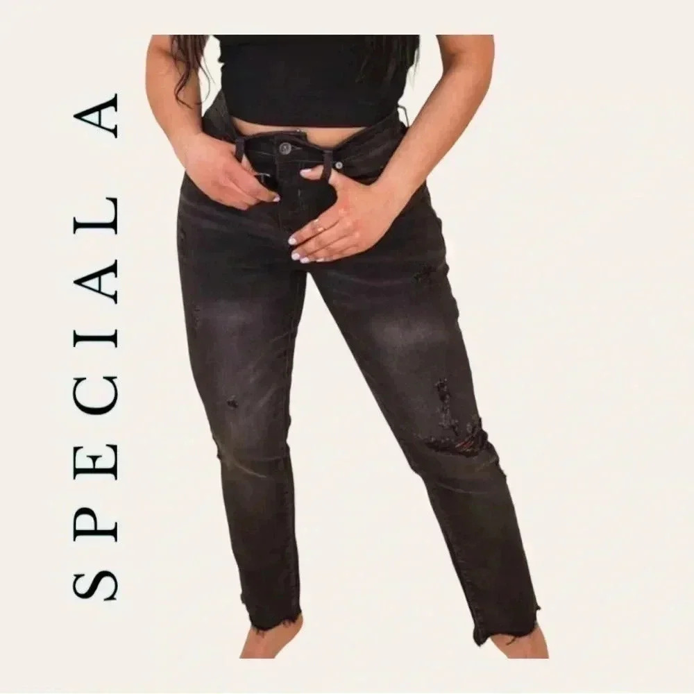 0451. SPECIAL A‎ BLACK/GRAY DENIM JEANS DISTRESSED SIZE 1 NWT